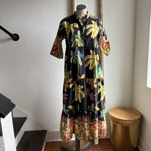CIVICO 51 Navy Tropical Floral Print Tiered Midi Dress Sz: Small